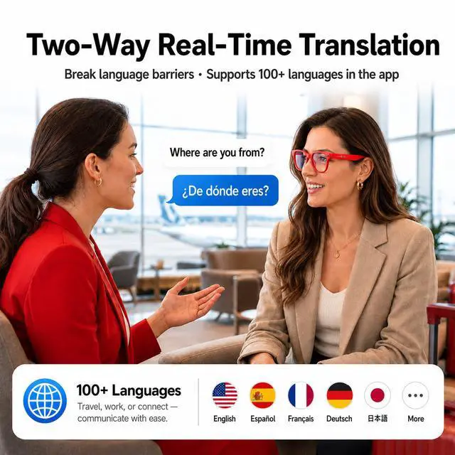 Alt view image 3 of 7 - AI Smart Glasses with Camera Stabilization - 8MP POV Video Recording, Real-Time AI Translation, Smart Assistant, Dual-Mic Noise Canceling for Travel & Meetings - Anti-Blue Light, Red Frame