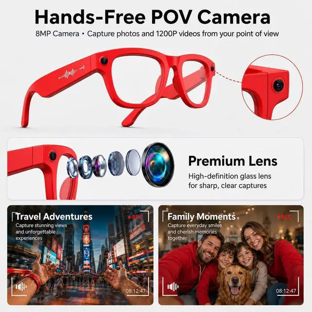 Alt view image 5 of 7 - AI Smart Glasses with Camera Stabilization - 8MP POV Video Recording, Real-Time AI Translation, Smart Assistant, Dual-Mic Noise Canceling for Travel & Meetings - Anti-Blue Light, Red Frame