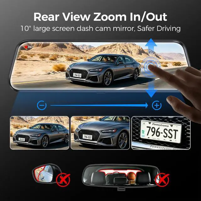 Alt view image 5 of 7 - Mirror Dash Cam,Rear View Mirror Camera 10'', 1080P FHD Full Touch Screen Dash Cam Front and RearCam with Night Vision, Streaming Media 170°Wide Angle Parking Assistance Free 32GB Card