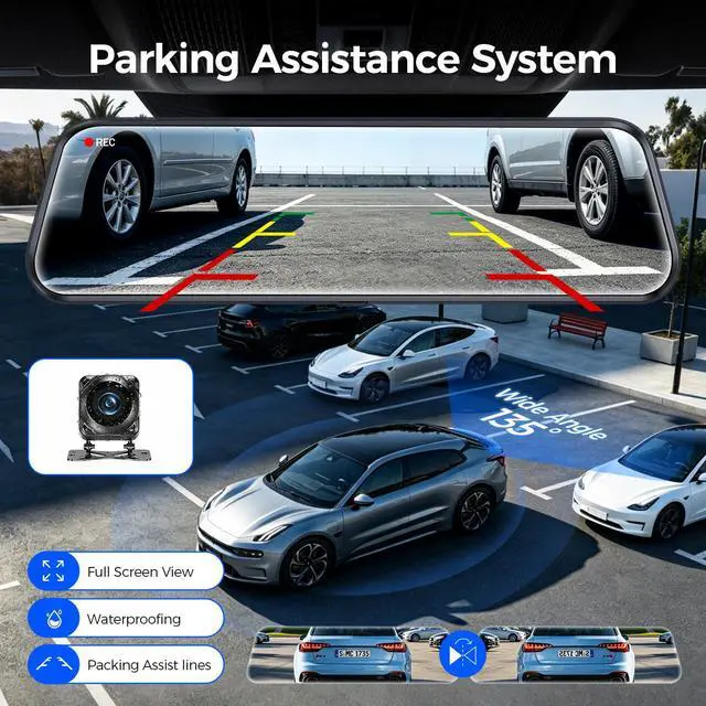 Alt view image 6 of 7 - Mirror Dash Cam,Rear View Mirror Camera 10'', 1080P FHD Full Touch Screen Dash Cam Front and RearCam with Night Vision, Streaming Media 170°Wide Angle Parking Assistance Free 32GB Card