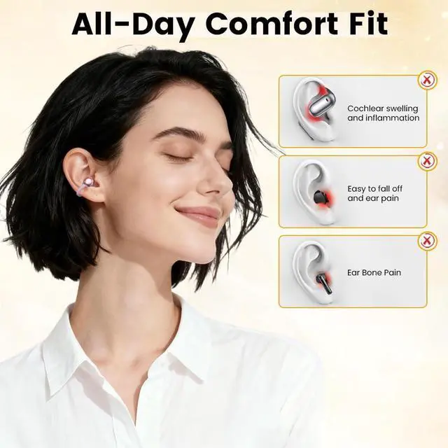 Alt view image 2 of 7 - Clip On Ear Headphones, Open Ear Earbuds Wireless Bluetooth 5.4, Clip On Earbuds with LCD Touchscreen, Lightweight Comfort Open Ear Headphones for Pad Tablet Laptop Android/iOS Phones (Pink)