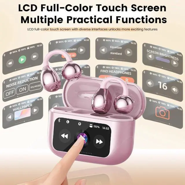Alt view image 4 of 7 - Clip On Ear Headphones, Open Ear Earbuds Wireless Bluetooth 5.4, Clip On Earbuds with LCD Touchscreen, Lightweight Comfort Open Ear Headphones for Pad Tablet Laptop Android/iOS Phones (Pink)