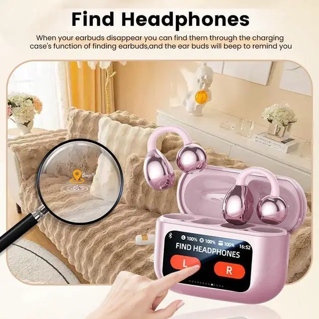 Alt view image 5 of 7 - Clip On Ear Headphones, Open Ear Earbuds Wireless Bluetooth 5.4, Clip On Earbuds with LCD Touchscreen, Lightweight Comfort Open Ear Headphones for Pad Tablet Laptop Android/iOS Phones (Pink)