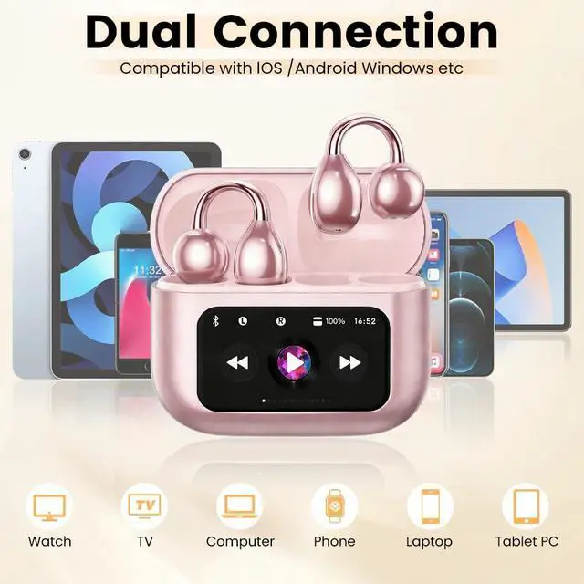 Alt view image 6 of 7 - Clip On Ear Headphones, Open Ear Earbuds Wireless Bluetooth 5.4, Clip On Earbuds with LCD Touchscreen, Lightweight Comfort Open Ear Headphones for Pad Tablet Laptop Android/iOS Phones (Pink)