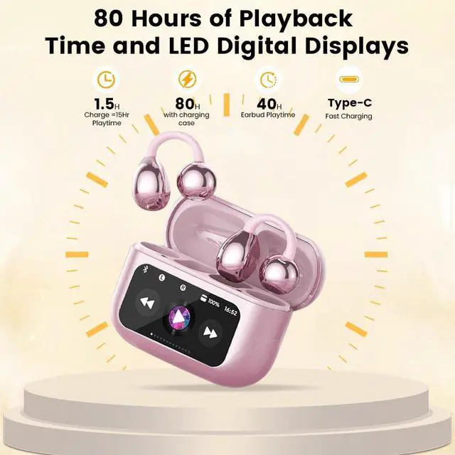 Alt view image 7 of 7 - Clip On Ear Headphones, Open Ear Earbuds Wireless Bluetooth 5.4, Clip On Earbuds with LCD Touchscreen, Lightweight Comfort Open Ear Headphones for Pad Tablet Laptop Android/iOS Phones (Pink)