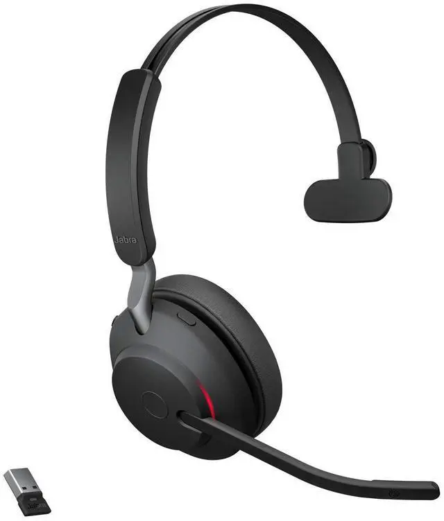 Main image of Evolve2 65 Bluetooth Wireless Headset with Mic for Calls and Music, Single-Ear Headphones with USB-A Adapter, Up to 37 Hours Battery, Works with Microsoft Teams, Black
