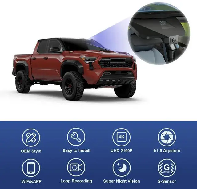 Alt view image 3 of 6 - 4K Dash Cam Suitable for Toyota Tacoma & Hybrid 2024-2026, OEM Factory Look, UHD 2160P Video, Built-in WiFi & APP, Loop Recording, Collision Sensor, Night Vision, Plug & Play, 64GB Card