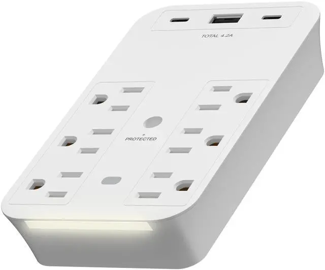 Main image of 6-Outlet Surge Expander, Surge Protector Up to 1500J, Matte White | 2 Type C & 1 Type A USB Outlet Extender, LED Indicator, UL Listed, Thermoplastic, USB-C, Expand Your Power With 6 Outlets