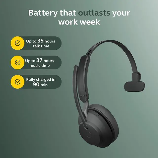Alt view image 6 of 7 - Evolve2 65 Bluetooth Wireless Headset with Mic for Calls and Music, Single-Ear Headphones with USB-A Adapter, Up to 37 Hours Battery, Works with Microsoft Teams, Black