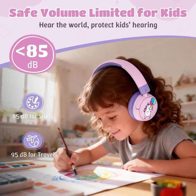 Alt view image 2 of 7 - Kids Headphones Bluetooth for Girls, Toddler Headphones Wireless for School | 85/95dB Volume Limited, 50H Playtime, Bluetooth 6.0, Built in Mic, Fast Charging for Tablet, iPad, Cellphone
