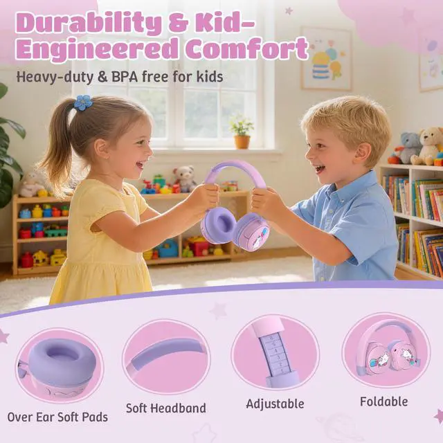 Alt view image 4 of 7 - Kids Headphones Bluetooth for Girls, Toddler Headphones Wireless for School | 85/95dB Volume Limited, 50H Playtime, Bluetooth 6.0, Built in Mic, Fast Charging for Tablet, iPad, Cellphone
