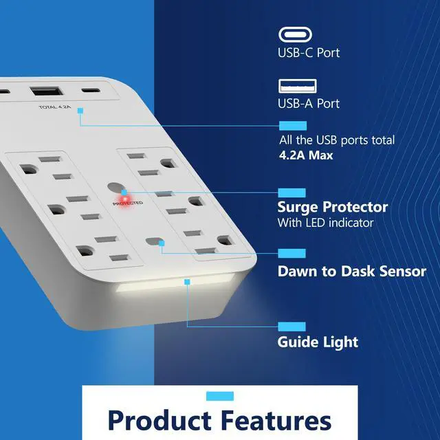 Alt view image 4 of 7 - 6-Outlet Surge Expander, Surge Protector Up to 1500J, Matte White | 2 Type C & 1 Type A USB Outlet Extender, LED Indicator, UL Listed, Thermoplastic, USB-C, Expand Your Power With 6 Outlets