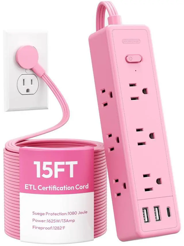 Main image of Pink Power Strip, Power Strip Flat Extension Cord 15FT, 9 Outlets 3 USB Ports(1 USB C), Wall Mount, Multiple Outlets for Home, Dorm, Vanity Desk, Nightstand,Women