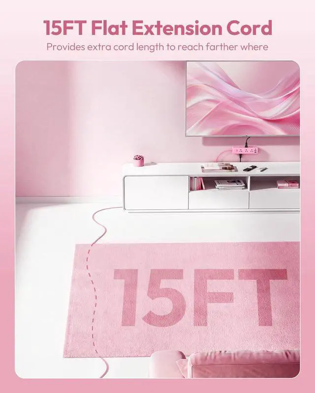 Alt view image 2 of 7 - Pink Power Strip, Power Strip Flat Extension Cord 15FT, 9 Outlets 3 USB Ports(1 USB C), Wall Mount, Multiple Outlets for Home, Dorm, Vanity Desk, Nightstand,Women
