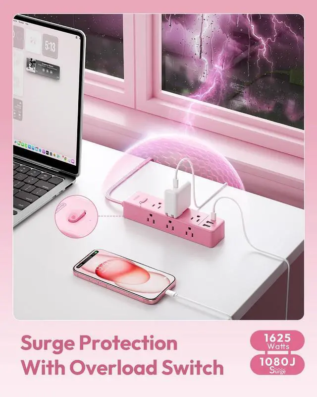 Alt view image 4 of 7 - Pink Power Strip, Power Strip Flat Extension Cord 15FT, 9 Outlets 3 USB Ports(1 USB C), Wall Mount, Multiple Outlets for Home, Dorm, Vanity Desk, Nightstand,Women