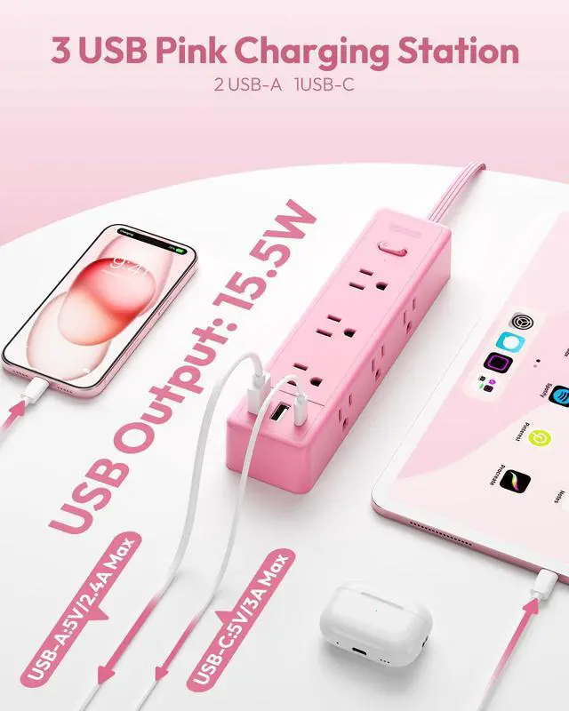 Alt view image 5 of 7 - Pink Power Strip, Power Strip Flat Extension Cord 15FT, 9 Outlets 3 USB Ports(1 USB C), Wall Mount, Multiple Outlets for Home, Dorm, Vanity Desk, Nightstand,Women
