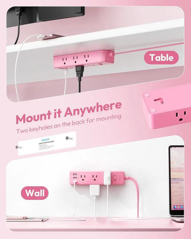 Alt view image 6 of 7 - Pink Power Strip, Power Strip Flat Extension Cord 15FT, 9 Outlets 3 USB Ports(1 USB C), Wall Mount, Multiple Outlets for Home, Dorm, Vanity Desk, Nightstand,Women