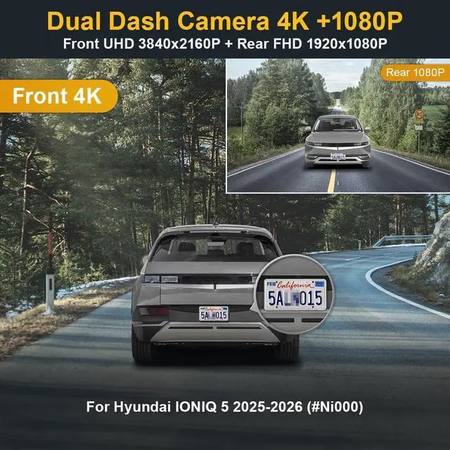 Alt view image 2 of 7 - Front 4K+Rear 1080P Dash Cam Adapts for Hyundai Ioniq 5 2025-2026 (7 Vents/HD2-Ni000) & 2025 Ioniq 5 N, OEM Look, Dual HD Video, WiFi & APP, Loop Recording, G-Sensor, Easy to Set, 128GB Card