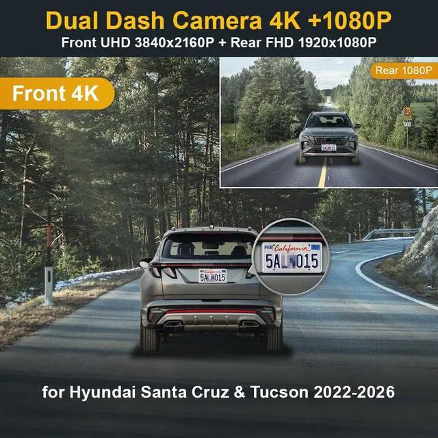 Alt view image 2 of 7 - Front 4K+Rear 1080P Dash Cam Adapts for Hyundai Santa Cruz & Tucson 2022-2026 (Part NO#N9000), Integrated OEM Look, Dual HD Video, WiFi & APP, Loop Recording, G-Sensor, Easy to Use, 128GB Card
