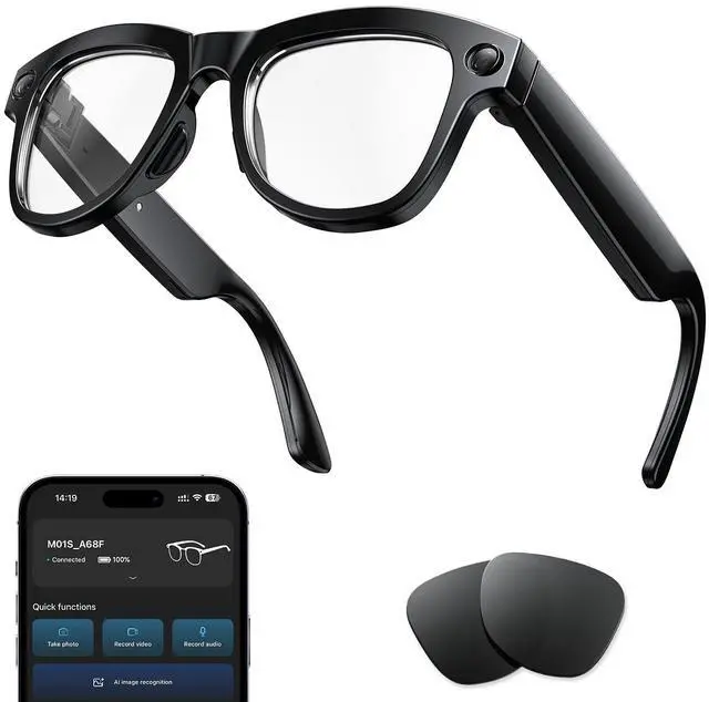 Main image of AI Smart Glasses with Camera, 4K Video Recording Glasses & 8MP Photo Capture, Open-Ear Bluetooth Audio Sunglasses, Real-Time Voice Translation, AI Assistant & Object Recognition for Travel Vlog