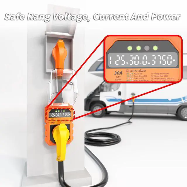 Alt view image 3 of 7 - 22000J RV Surge Protector 30 Amp with Auto Shutoff & Reset, LED Display Real-Time Circuit Analyzer for Camper Travel Trailers, RV Adapter Plug with Waterproof Cover