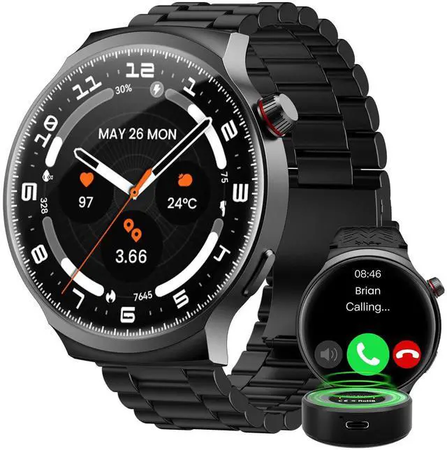 Main image of Smart Watch for Men, 1.85" Large Display, 40-Day Daily Use Battery, Answer/Make Calls, 100+ Sports Modes, Compatible Android & iOS (Includes Steel Strap & Charging Dock)
