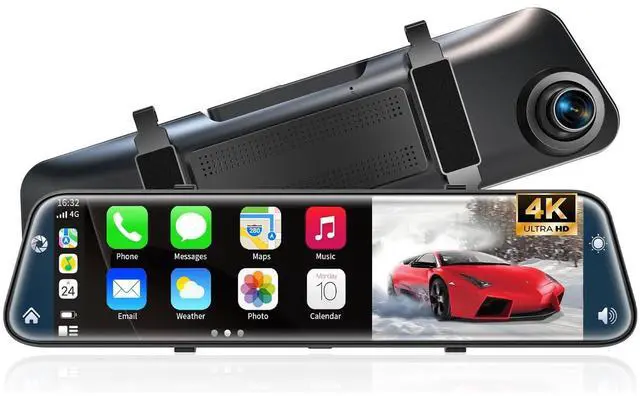 Main image of 4K Rear View Mirror Camera with Carplay&Android Auto,12" Mirror Dash Cam Front and Rear with Voice Control for Cars&Trucks,Smart Touch Screen,64GB Card Included/Loop Record/Reverse Assist