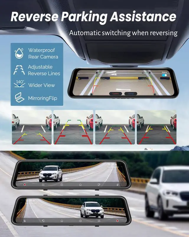 Alt view image 6 of 7 - 4K Rear View Mirror Camera with Carplay&Android Auto,12" Mirror Dash Cam Front and Rear with Voice Control for Cars&Trucks,Smart Touch Screen,64GB Card Included/Loop Record/Reverse Assist
