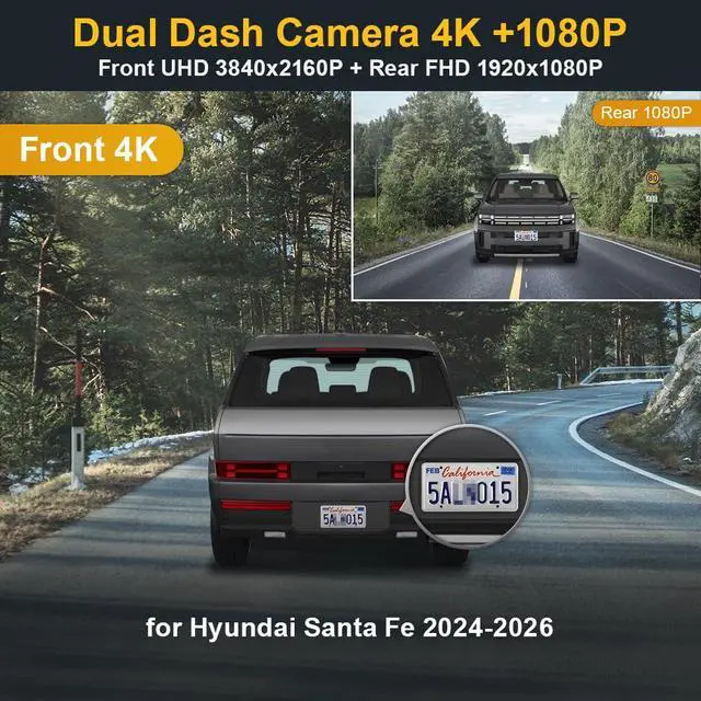 Alt view image 2 of 7 - Front 4K+Rear 1080P Dash Cam Adapts for Hyundai Santa Fe 2024-2026 (Part No#P6000), OEM Factory Look, 2 Way HD Video, Built-in WiFi & APP, Loop Recording, G-Sensor, Easy to Set, 128GB Card