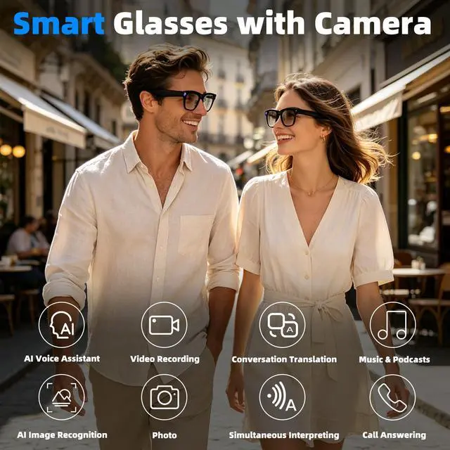 Alt view image 2 of 7 - AI Smart Glasses with 8MP Camera, 1080P Video Recording Sunglasses | Photo Capture | Object Recognition | One-Click Video Generation | Real-Time Live View | Bluetooth Calls | AI Assistant