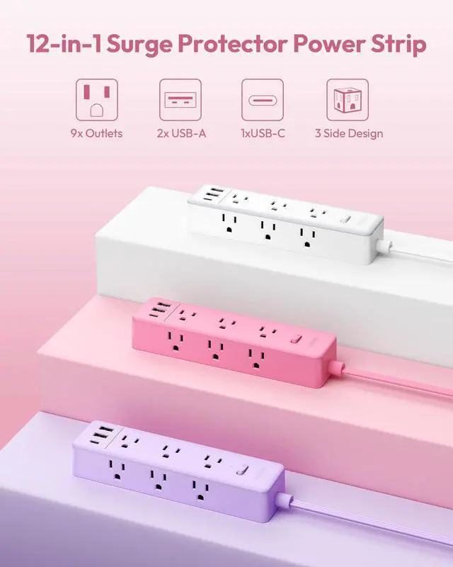 Alt view image 3 of 7 - Pink Power Strip, Power Strip Flat Extension Cord 15FT, 9 Outlets 3 USB Ports(1 USB C), Wall Mount, Multiple Outlets for Home, Dorm, Vanity Desk, Nightstand,Women