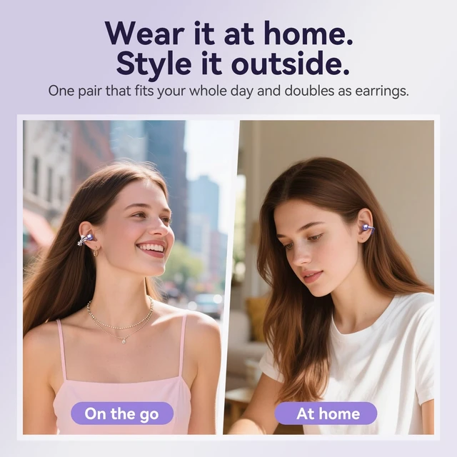 Alt view image 5 of 7 - ClipFree Open-Ear Headphones, Butterfly-Inspired Ear-Cuff Design, Stylish & Comfortable Clip-On Ear Buds, Wireless Earbuds for Women, Long Battery Life, Great for Gifting - Purple