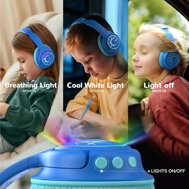 Alt view image 3 of 6 - BTH18 Kids Bluetooth Headphones LED Lights for Toddler Boys Girls SafeSound Tech, 43H Playtime Stereo Sound, USB C Charging AUX Cable, Over Ear Kids Headphones Wireless for iPad/Tablet/Travel