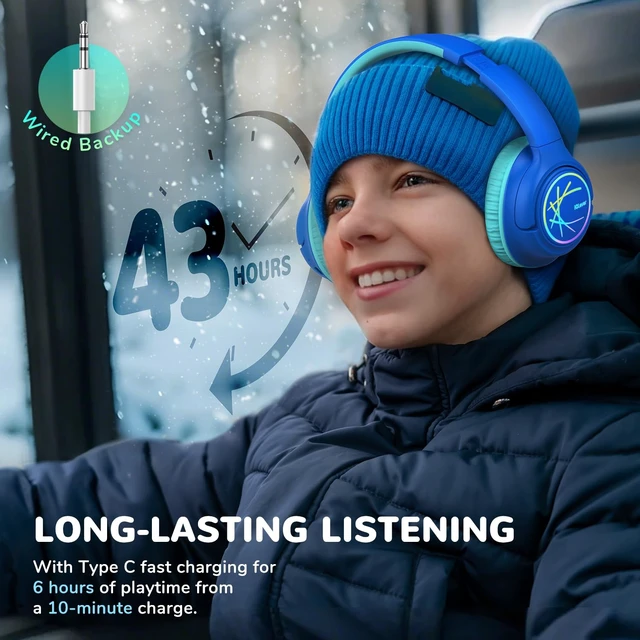 Alt view image 4 of 6 - BTH18 Kids Bluetooth Headphones LED Lights for Toddler Boys Girls SafeSound Tech, 43H Playtime Stereo Sound, USB C Charging AUX Cable, Over Ear Kids Headphones Wireless for iPad/Tablet/Travel
