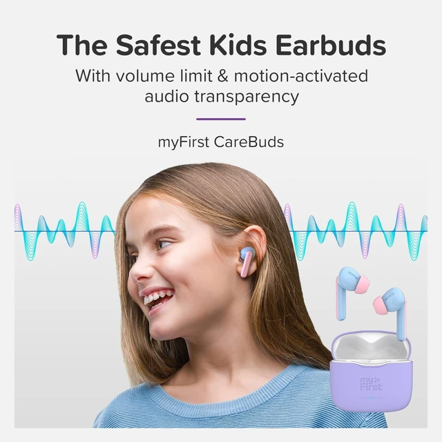 Alt view image 2 of 7 - myFirst CareBuds Kids Earbuds 85dB Volume Limit Small Ear Fit 6 size ear tips, noise cancelling, built-in mic, anti lost strape,easy pairing airpod, birthday gift for girl age 3-12