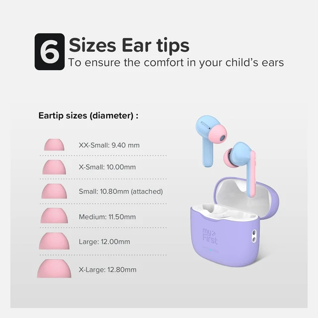 Alt view image 4 of 7 - myFirst CareBuds Kids Earbuds 85dB Volume Limit Small Ear Fit 6 size ear tips, noise cancelling, built-in mic, anti lost strape,easy pairing airpod, birthday gift for girl age 3-12