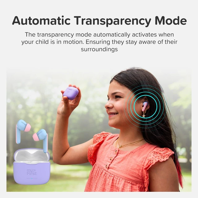 Alt view image 5 of 7 - myFirst CareBuds Kids Earbuds 85dB Volume Limit Small Ear Fit 6 size ear tips, noise cancelling, built-in mic, anti lost strape,easy pairing airpod, birthday gift for girl age 3-12