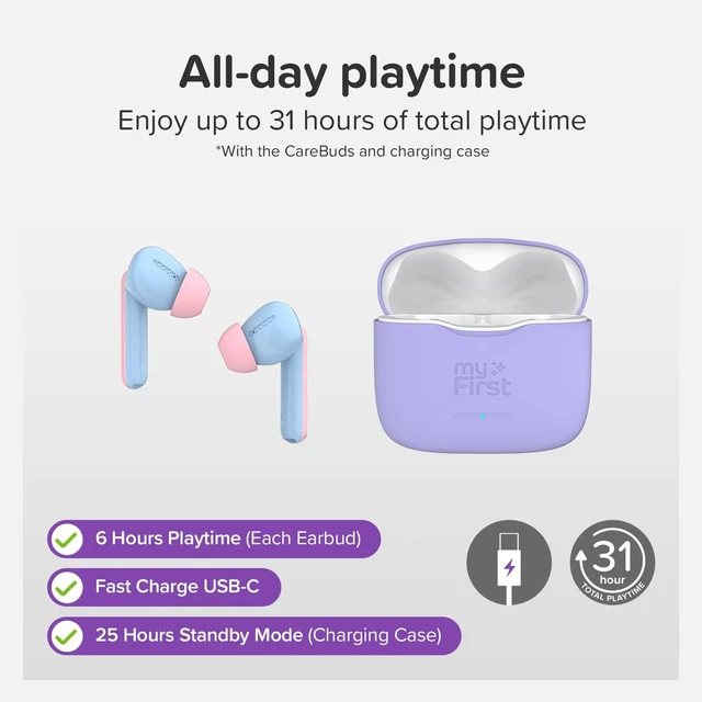Alt view image 7 of 7 - myFirst CareBuds Kids Earbuds 85dB Volume Limit Small Ear Fit 6 size ear tips, noise cancelling, built-in mic, anti lost strape,easy pairing airpod, birthday gift for girl age 3-12