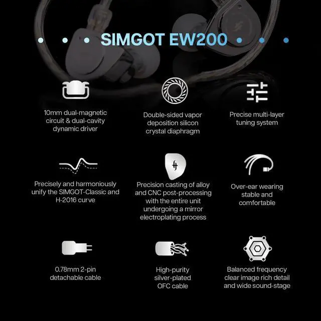 Alt view image 4 of 7 - SIMGOT EW200 10mm SCP Diaphragm Dynamic Driver in-Ear Earphones with All Metal Body, Detachable 0.78mm 2pin Silver-Plated OFC Cable for Audiophiles Musicians (EW200 Without Mic)