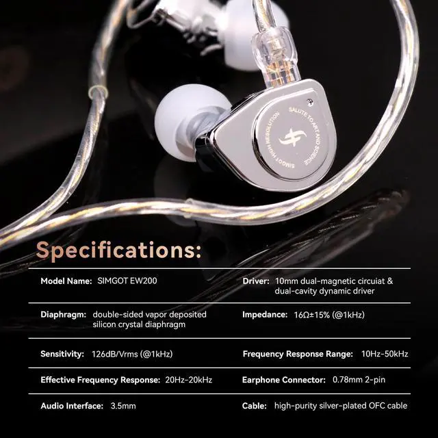 Alt view image 7 of 7 - SIMGOT EW200 10mm SCP Diaphragm Dynamic Driver in-Ear Earphones with All Metal Body, Detachable 0.78mm 2pin Silver-Plated OFC Cable for Audiophiles Musicians (EW200 Without Mic)