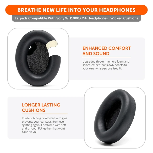 Alt view image 5 of 7 - PadZ WH1000XM4 - Extra Thick Earpads for Sony WH1000XM4 Made by Wicked Cushions Soft PU Leather, Luxurious Memory Foam, Added Thickness Without Disabling Sensor Black