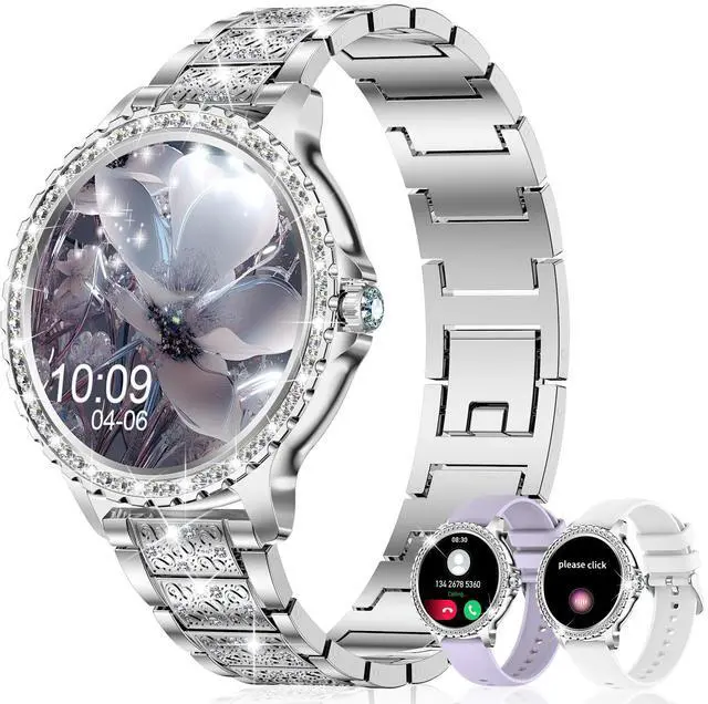 Main image of Smart Watch for Women with Diamonds (Answer/Make Call),1.32''Full Screen Smart Watch for Android /iOS,Fitness Tracker with Heart Rate/Blood Oxygen/Sleep Monitor/AI Voice Watches for Women,3 Straps