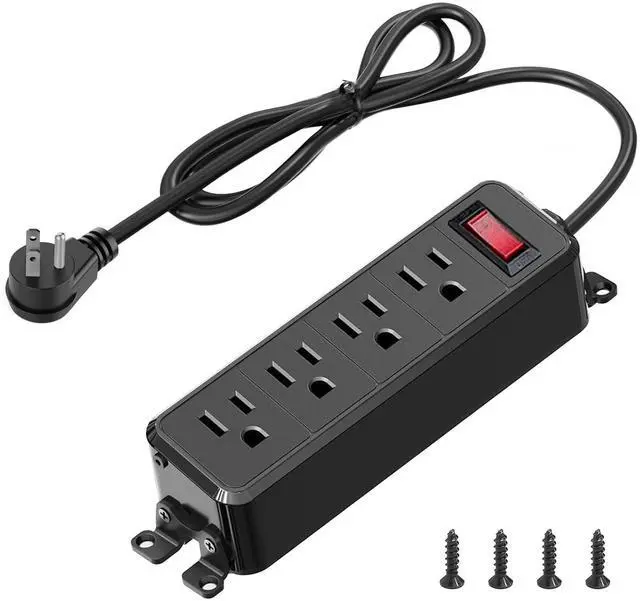 Main image of 4 Outlet Small Power Strip, Black, Mountable, 6 ft Cord | Wall Mount, Overload Protection Switch, 16AWG Flat Plug Extension Cord, for Home, Office, School, ETL Listed