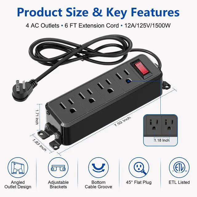 Alt view image 2 of 7 - 4 Outlet Small Power Strip, Black, Mountable, 6 ft Cord | Wall Mount, Overload Protection Switch, 16AWG Flat Plug Extension Cord, for Home, Office, School, ETL Listed