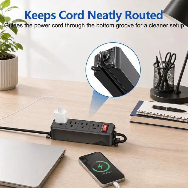 Alt view image 4 of 7 - 4 Outlet Small Power Strip, Black, Mountable, 6 ft Cord | Wall Mount, Overload Protection Switch, 16AWG Flat Plug Extension Cord, for Home, Office, School, ETL Listed