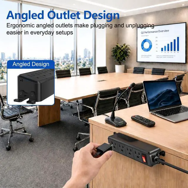 Alt view image 3 of 7 - 4 Outlet Small Power Strip, Black, Mountable, 6 ft Cord | Wall Mount, Overload Protection Switch, 16AWG Flat Plug Extension Cord, for Home, Office, School, ETL Listed