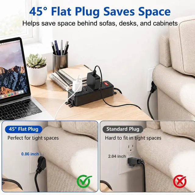 Alt view image 5 of 7 - 4 Outlet Small Power Strip, Black, Mountable, 6 ft Cord | Wall Mount, Overload Protection Switch, 16AWG Flat Plug Extension Cord, for Home, Office, School, ETL Listed
