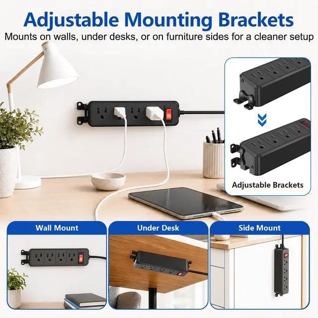 Alt view image 6 of 7 - 4 Outlet Small Power Strip, Black, Mountable, 6 ft Cord | Wall Mount, Overload Protection Switch, 16AWG Flat Plug Extension Cord, for Home, Office, School, ETL Listed