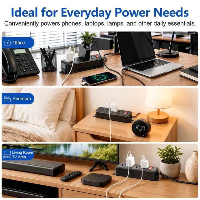 Alt view image 7 of 7 - 4 Outlet Small Power Strip, Black, Mountable, 6 ft Cord | Wall Mount, Overload Protection Switch, 16AWG Flat Plug Extension Cord, for Home, Office, School, ETL Listed