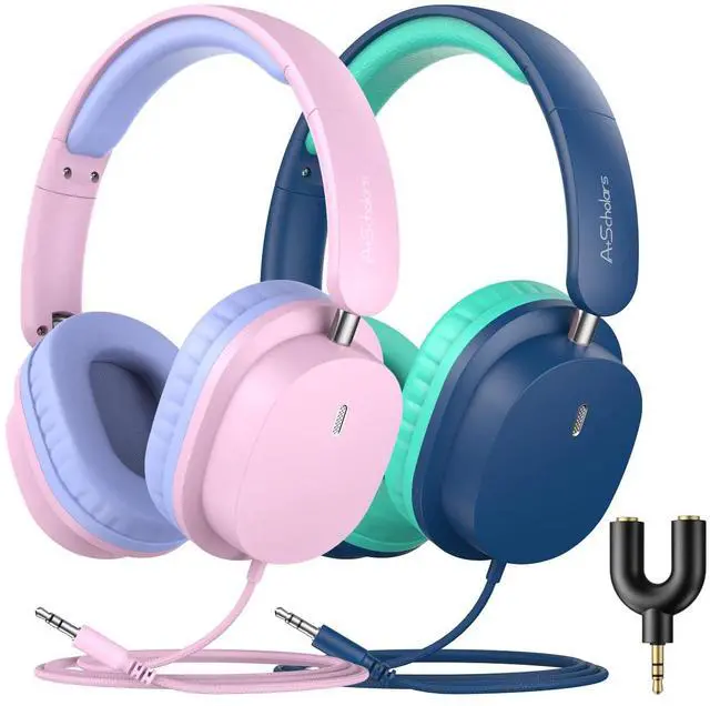 Main image of Kids Wired Headphones for School, 2-Pack with Sharing Splitter | Stereo sound, Comfortable over-ear fit, Foldable design, Tangle-free 3.5 mm cable, Ideal for tablets, laptops and computers